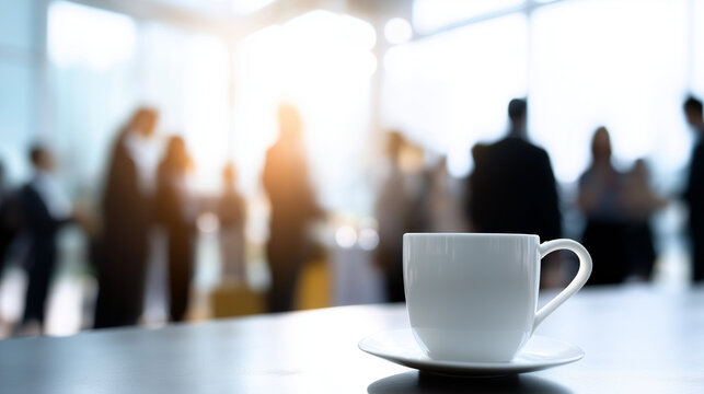 Minimalistic white coffee cup on a table in a bright office environment, with blurred figures of people in the background.