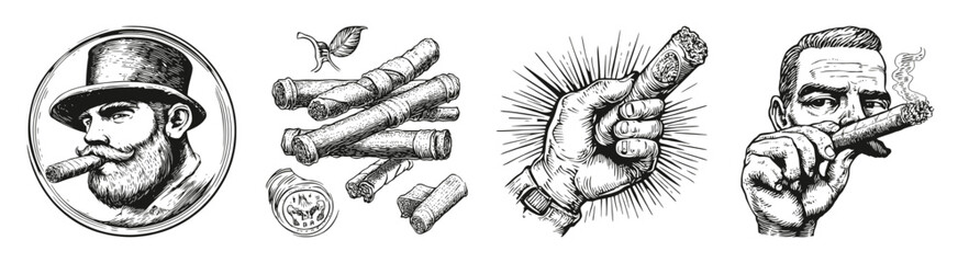 Vintage Illustrations of Cigar Smoking in Classic Styles, Logo Design, Hand drawing Engraving, Vector Illustration Isolated Object