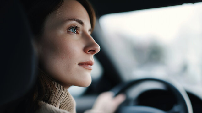 Fototapeta Close-up profile of a woman driving a car at night, illuminated by city lights, with a calm yet focused expression. 