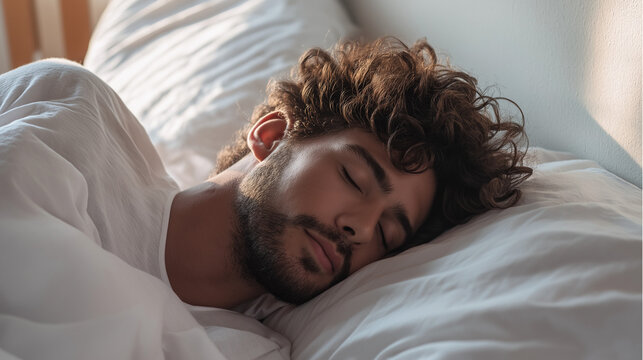 Young man with curly hair sleeping soundly in bed, bathed in soft natural morning light.
