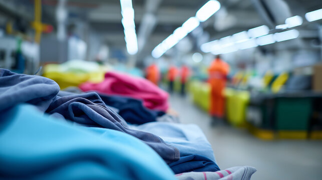 Large-scale textile recycling facility with conveyor belt full of used clothes and workers in yellow vests operating in the background.
