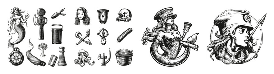 Vintage Mermaid and Sailor Icon Designs for Nautical Themes, vector illustration, engraving design, logo design set, black and white line, template design element