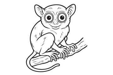 Vector drawing of a Tarsius spectrum in black and white, using thick black outlines to show its expressive eyes, small limbs, and agile posture.