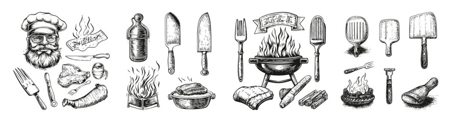 Vintage Cooking Illustrations for Grill and Meat Preparation, vector illustration, engraving design, logo design set, black and white line, template design element