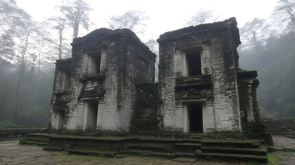 Naklejka premium Ancient Mayan temple ruins emerge from the mist in the lush rainforest of Guatemala