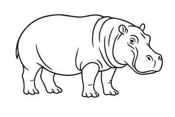 Vector drawing of a hippo in black and white, featuring thick black outlines that emphasize its bulky shape, wide mouth, and calm expression.