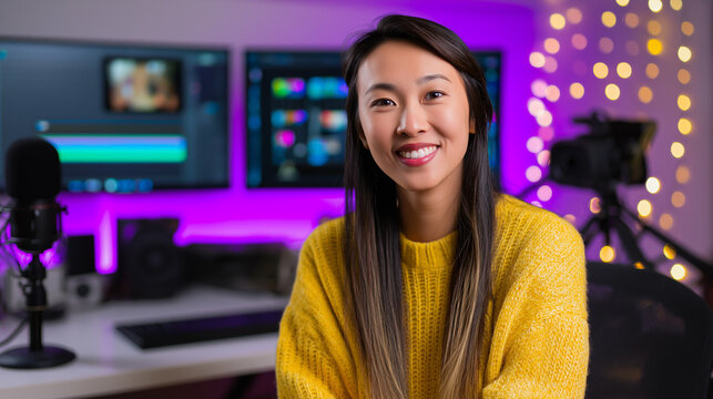 Smiling young woman in a yellow sweater sitting in a creative home studio with editing software and equipment in the background.
