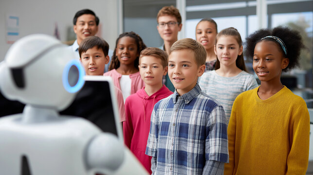 Group of diverse schoolchildren smiling and watching a humanoid robot during a classroom technology demonstration.
