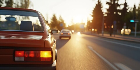Fototapeta premium Car travel on asphalt road in sunset light motion automotive transportation