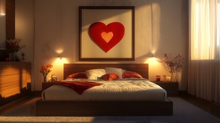 A peaceful bedroom with heart shaped artwork on the wall and soft lighting creating a calm romantic atmosphere