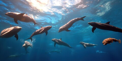 Fototapeta premium Dolphins swimming underwater in sunlight a vibrant marine life scene