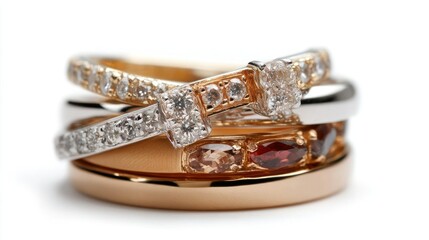 Close Up Shot of Stacked Gold and Silver Rings with Gemstones and Diamonds on White Background