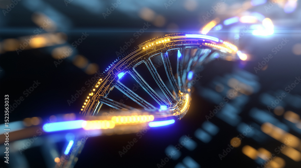 Poster close-up of glowing digital dna strand integrated with circuit-like data elements.