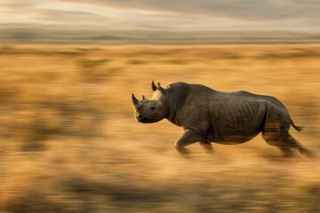 Fototapeta premium Rhinoceros Running in Golden Grassland