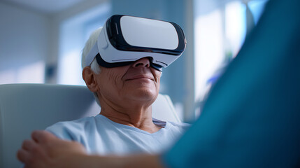 Elderly man wearing VR headset and smiling while seated in a modern healthcare setting.
