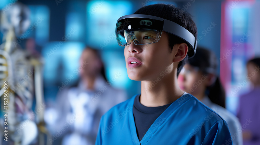 Poster boy using augmented reality glasses in a futuristic classroom with digital skeleton display.