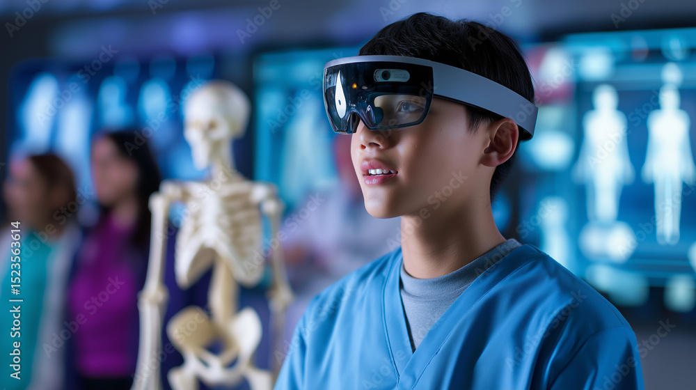 Poster boy using augmented reality glasses in a futuristic classroom with digital skeleton display.