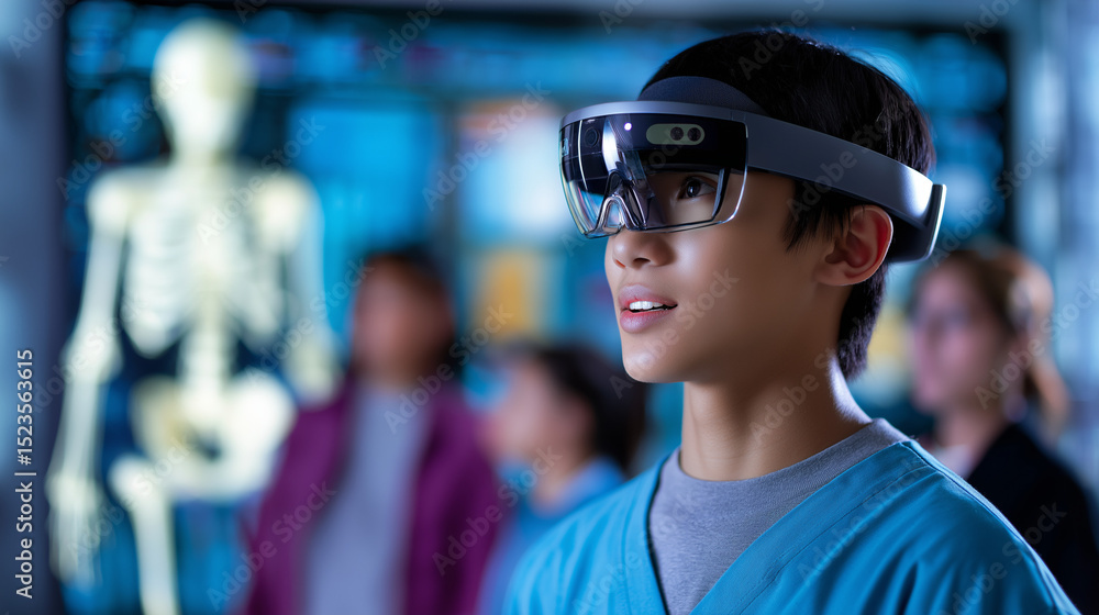 Poster boy using augmented reality glasses in a futuristic classroom with digital skeleton display.