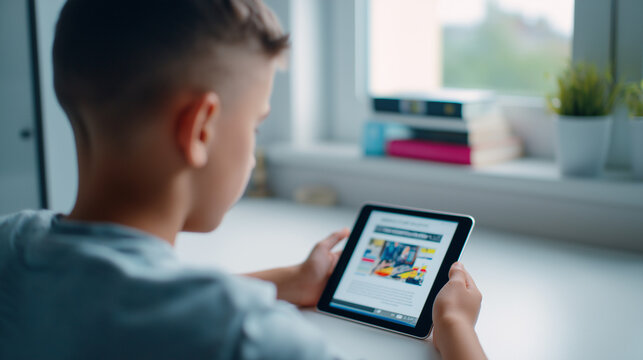 Young boy sitting at desk and reading digital content on a tablet in natural light.
