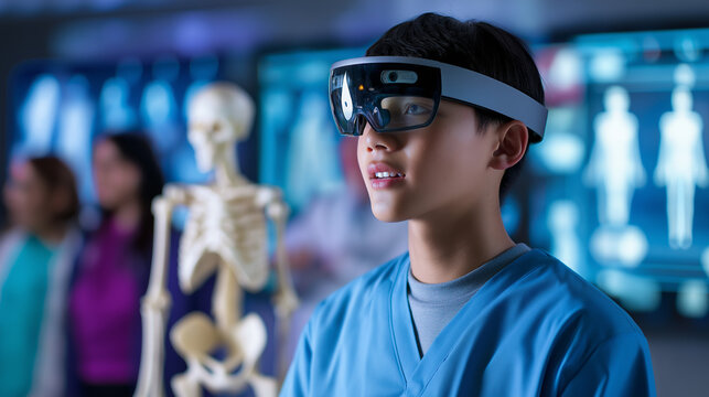 Boy using augmented reality glasses in a futuristic classroom with digital skeleton display.
- Powered by Adobe