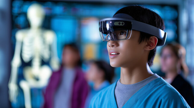 Boy using augmented reality glasses in a futuristic classroom with digital skeleton display.