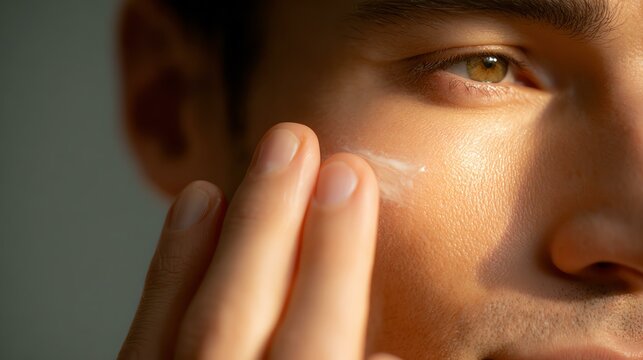 real-life cosmetic routines A close-up of a man's face applying moisturizer, highlighting skincare and self-care routines.