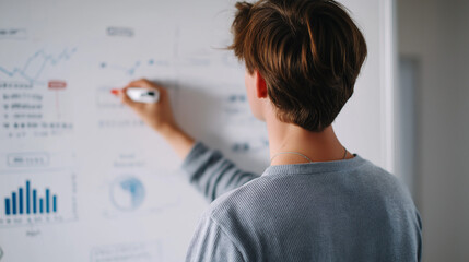 Young man analyzing and writing data on a whiteboard during a planning session.
