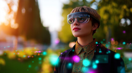 Stylish woman wearing augmented reality glasses surrounded by floating digital elements in park.
