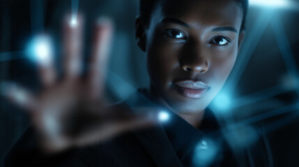 Businessman using futuristic biometric interface with glowing digital hand scan.
