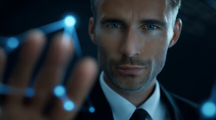 Businessman using futuristic biometric interface with glowing digital hand scan.
