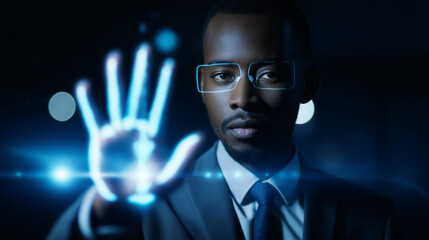 Businessman using futuristic biometric interface with glowing digital hand scan.
