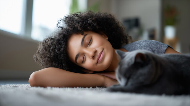 Young woman peacefully sleeping next to her cat on a cozy floor in natural light.
