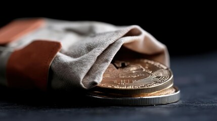 Gold Coins Spill From Beige Pouch on Dark Backdrop Close Up Shot with Focus on Metallic Details