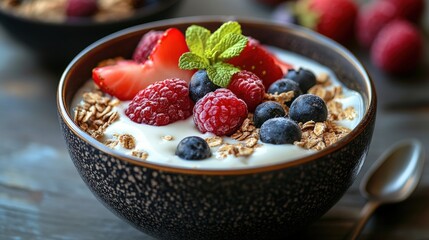 A delicious bowl of yogurt topped with fresh berries and mint