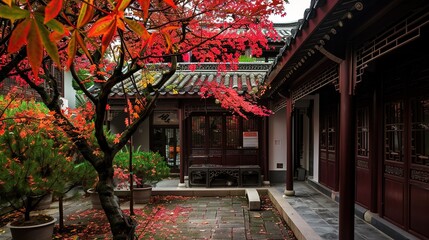 Fototapeta premium Golden Whispers: Embracing the Rustic Elegance and Timeless Magic of an Autumn Courtyard