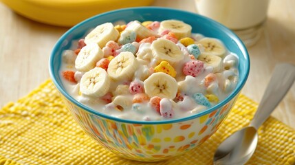 A vibrant breakfast bowl filled with cereal bananas and milk