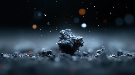 Abstract Macro Shot Of A Dark Grey Stone Fragment With Erupting Particles Against Blurred Blue And Orange Bokeh Lights