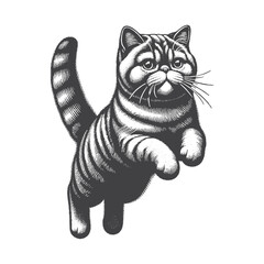 Vintage Hand-Drawn Exotic Shorthair Jumping Illustration – Playful Cat Engraved Style Vector for T-Shirts, Posters, Stickers, and Energetic Feline Theme Apparel