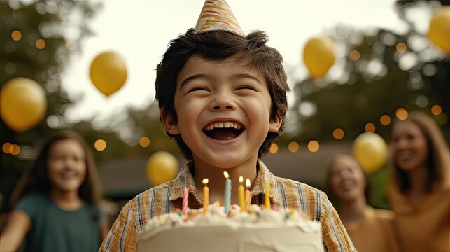 Happy child with birthday cake at outdoor party. - Powered by Adobe