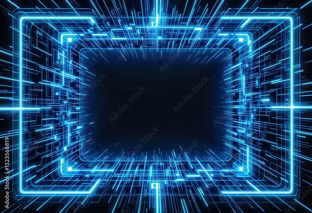 Poster digital frame with blue neon lines creating a tech-inspired design at night