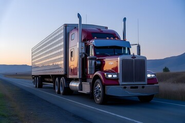 Red semi-truck driving on highway at sunset with chrome trailer