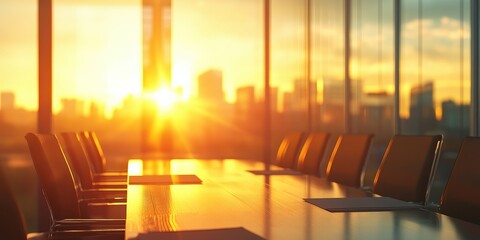 Modern Office Conference Room Ready for a Meeting with a Golden Sunset View