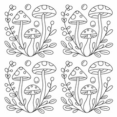 Seamless Black and White Line Art Pattern of Stylized Mushrooms and Whimsical Foliage for Coloring