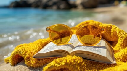 Open book, sunglasses, and a yellow beach towel on the sand.