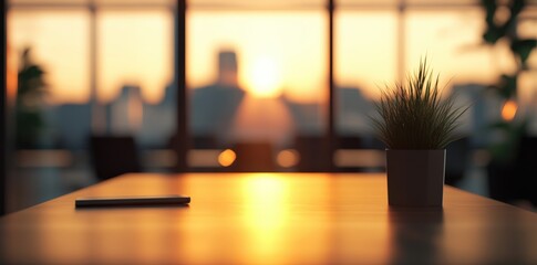 Serene Office Sunset Smartphone and Potted Plant in Golden Light, Ideal for Business Concepts and Relaxation