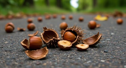 Cracked hazelnuts and prickly husks on a pathway create a natural autumnal scene