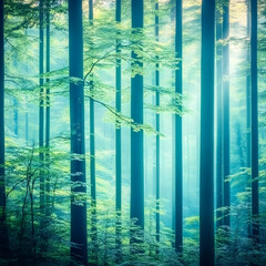 Enchanted Forest Illustration: Teal Trees and Green Canopy
