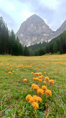 Mountain Meadow Landscape Photo: Golden Flowers and Majestic Peaks