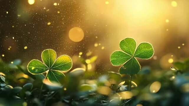 Green clover leaves in droplets of morning dew. St. Patrick's Day celebration, good luck and fortune concept, copy space