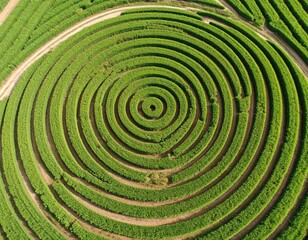 Aerial View of a Circular Green Maze in a Lush Field